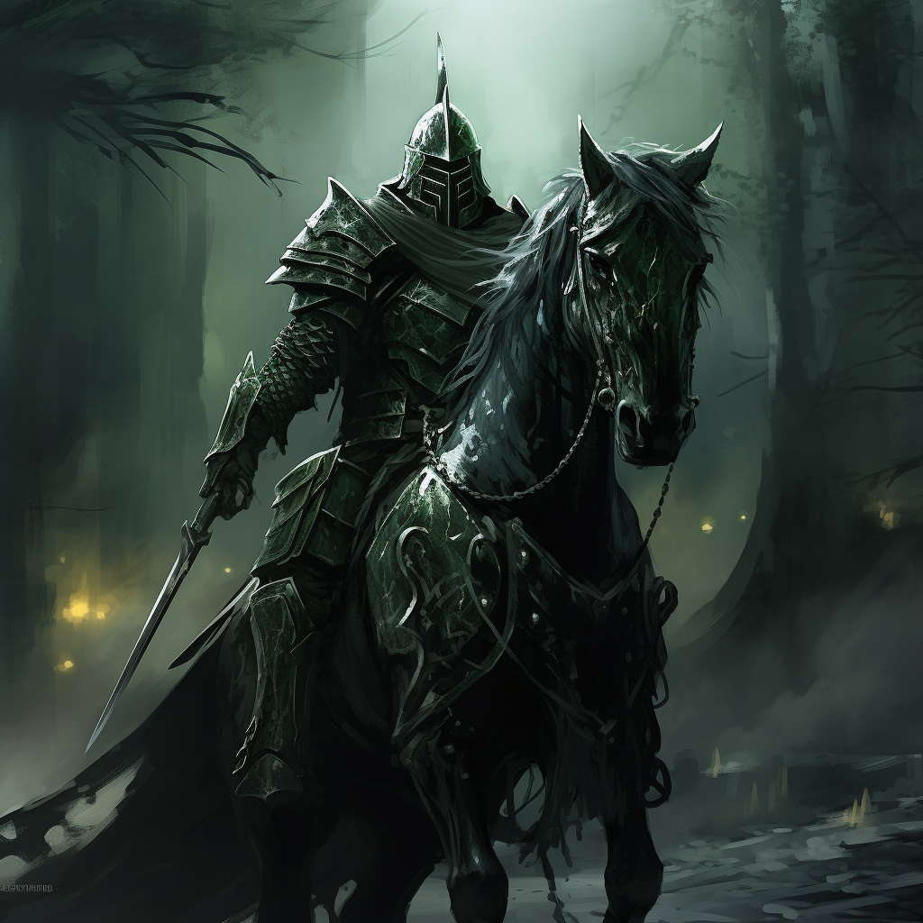 Mysterious green knight in dark fantasy world