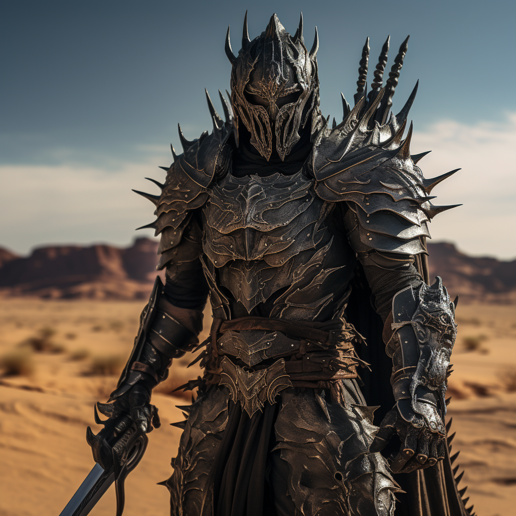 Dark fantasy knight in desert with flametongue samurai armor