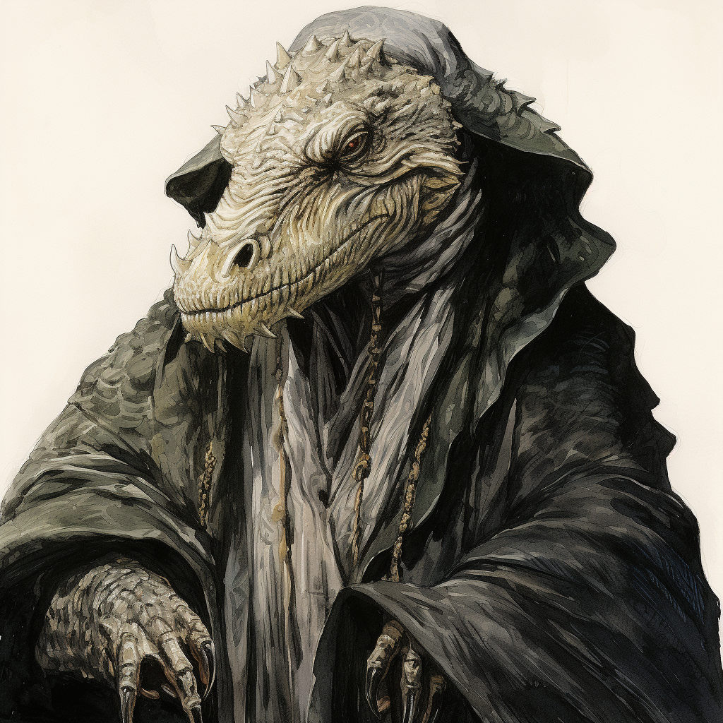 Intimidating medieval old woman in alligator robes