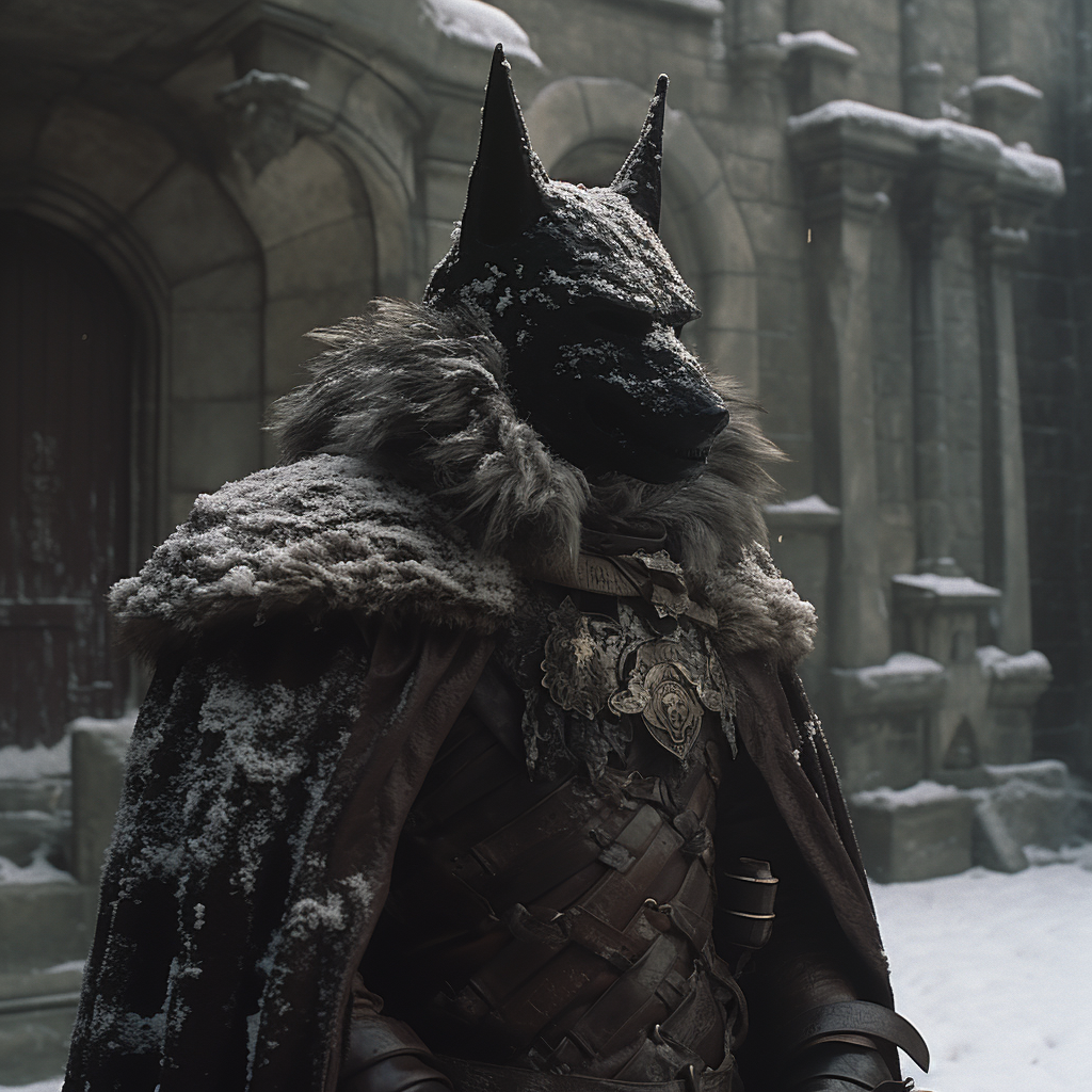 Wolf knight in snowy castle courtyard