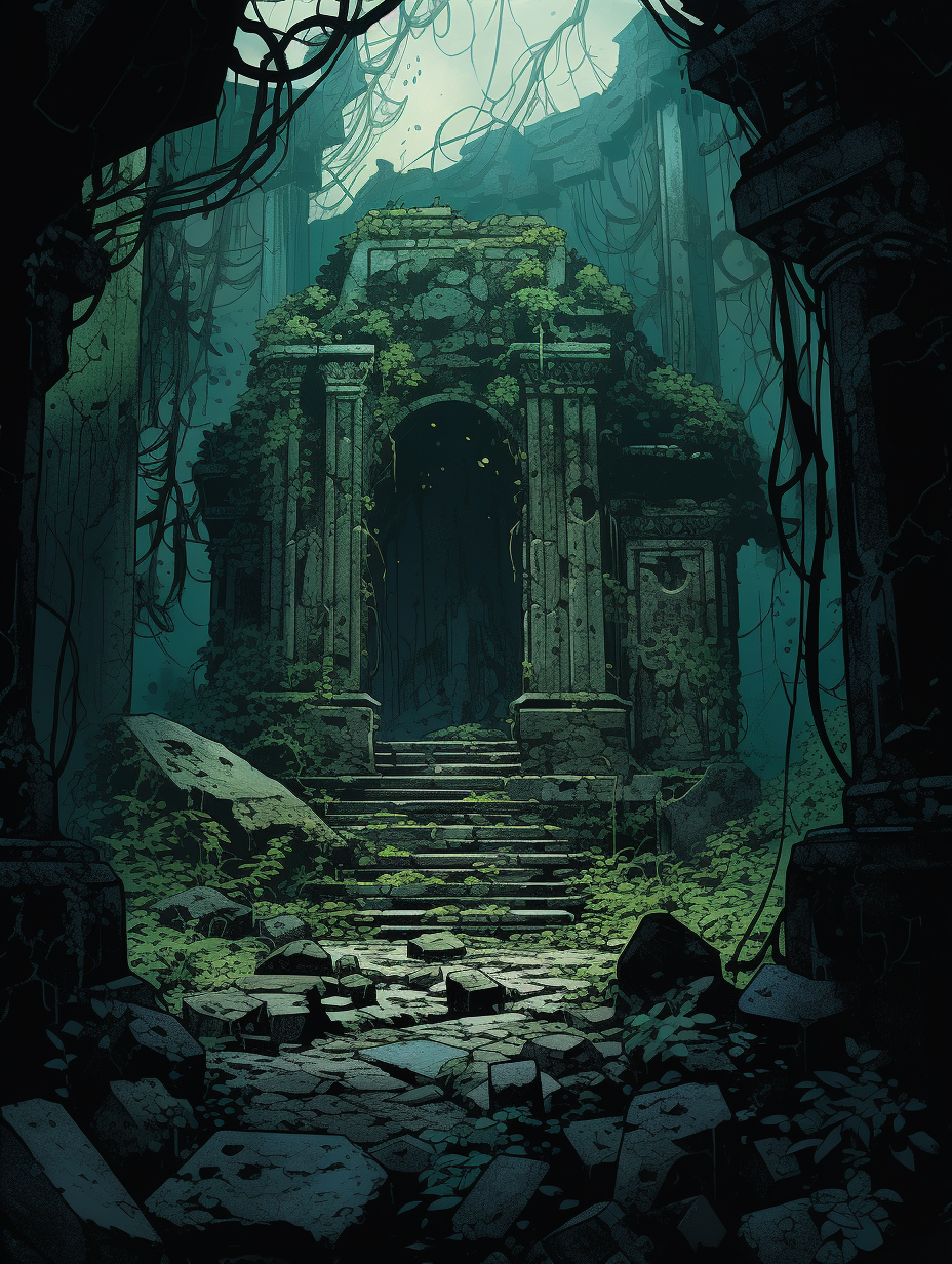 Abandoned temple in overgrown jungle