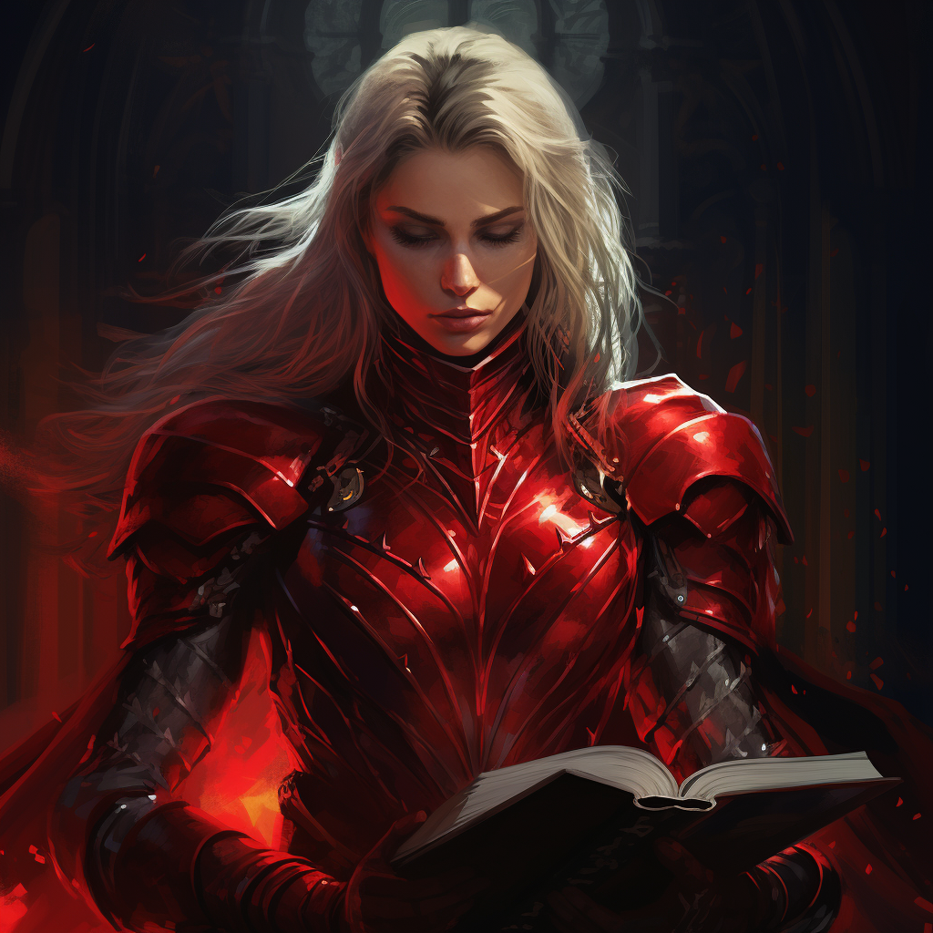 A powerful woman in a red knight's armor