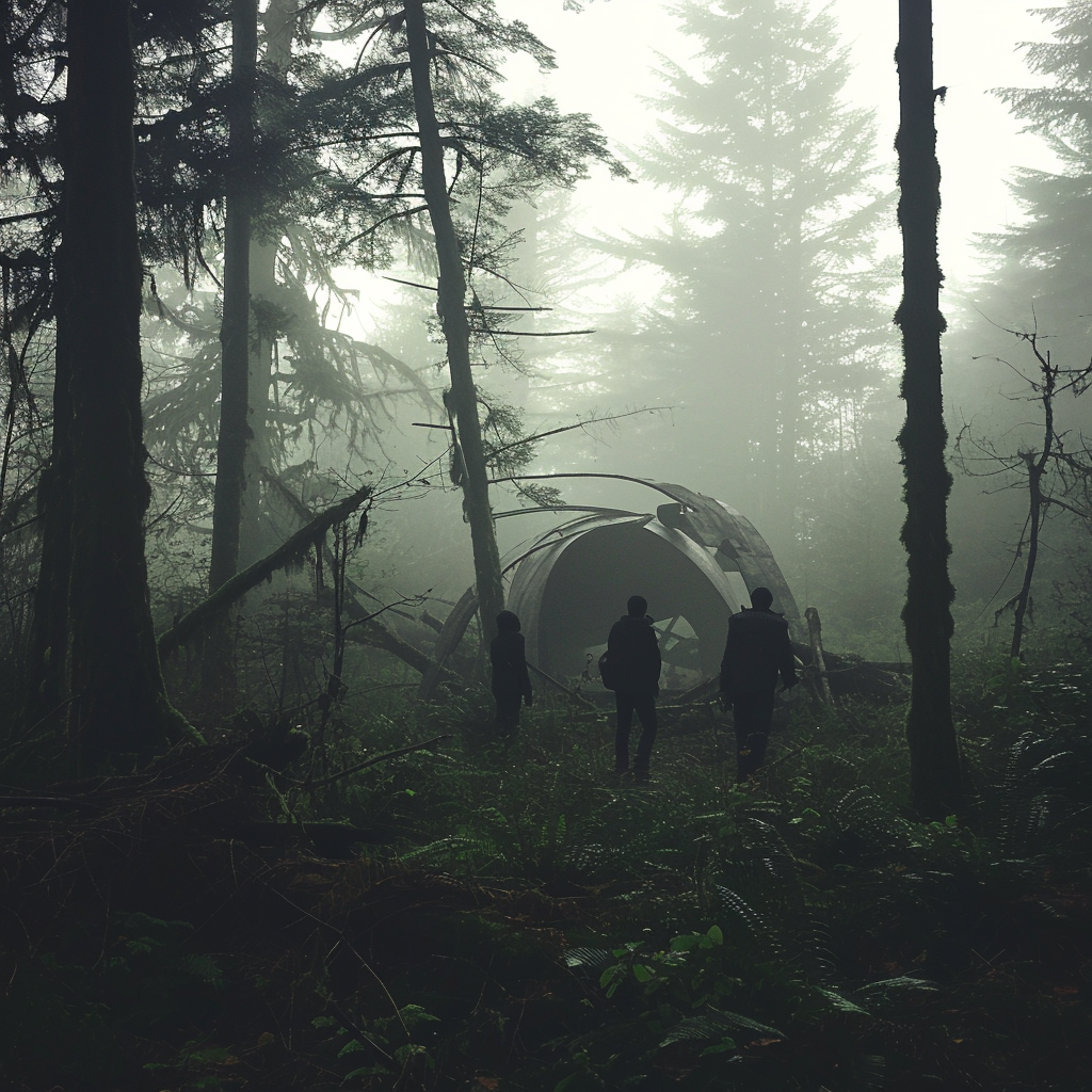 Dark foggy forest with aliens