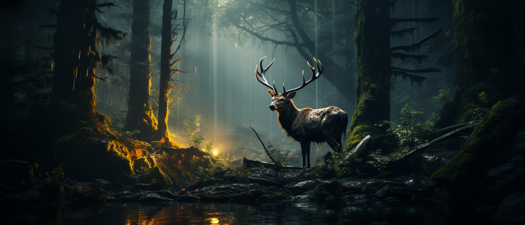 Majestic deer in spooky dark forest