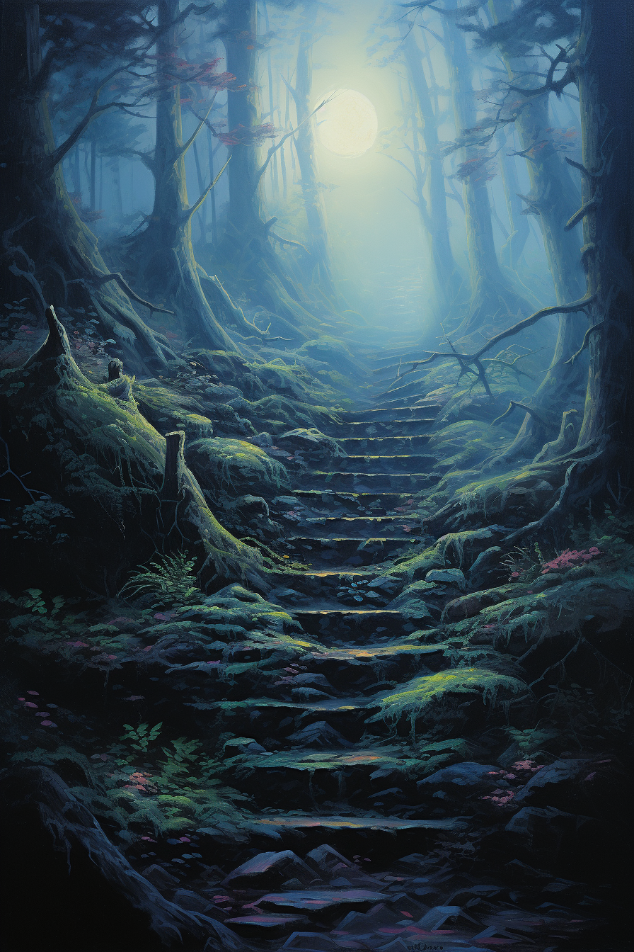 Moss-covered stairs in a dark forest