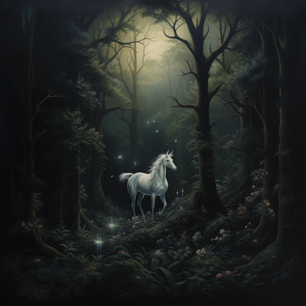 Majestic unicorn in dark forest