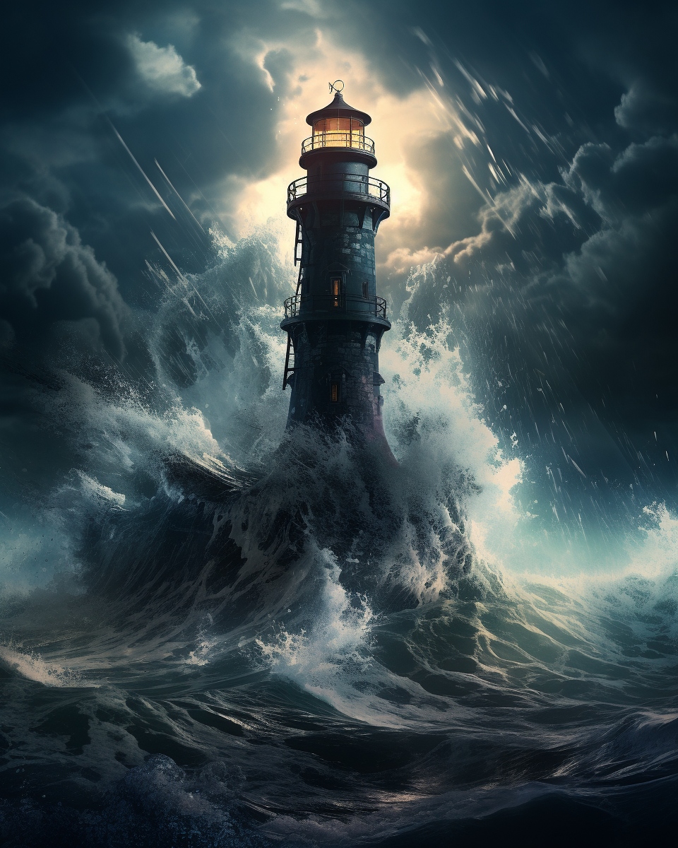 Broken lighthouse in dark futuristic setting