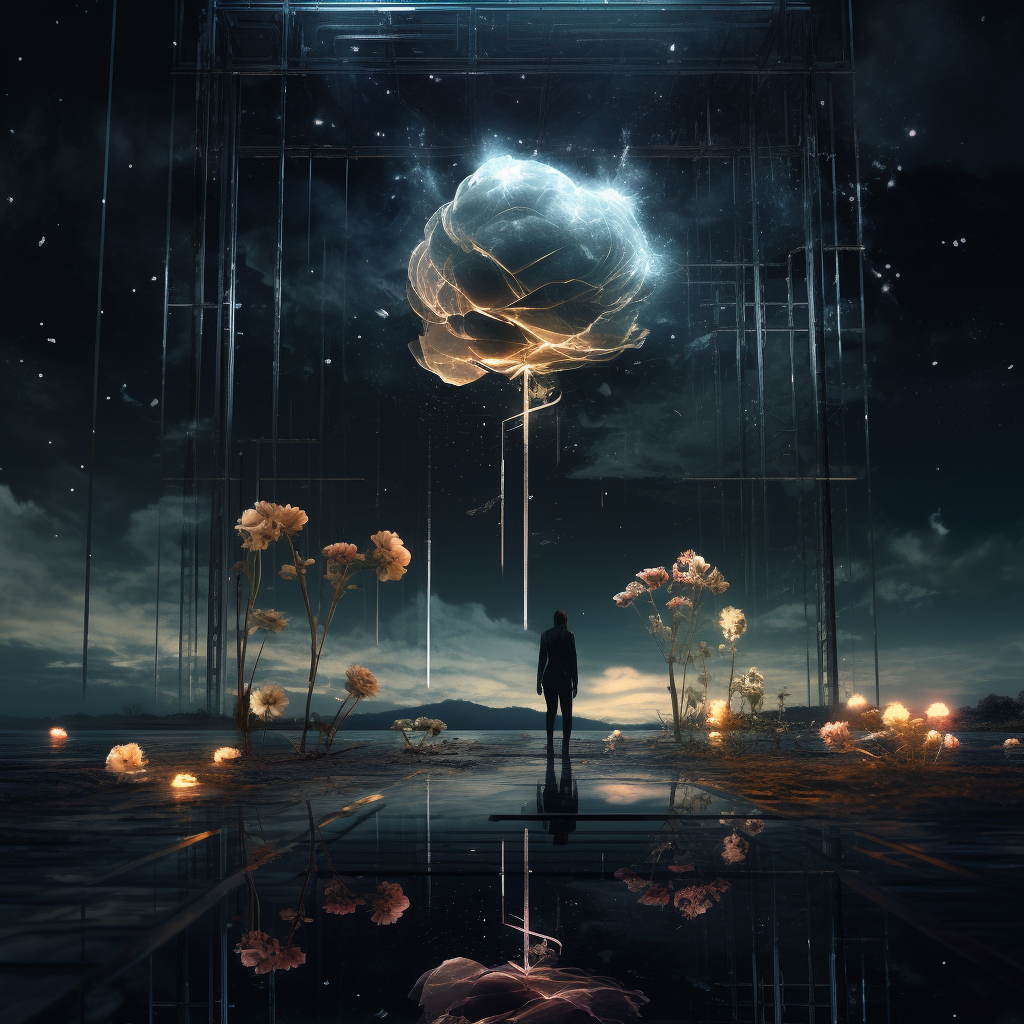 Dark landscape with black rose under a futuristic night sky