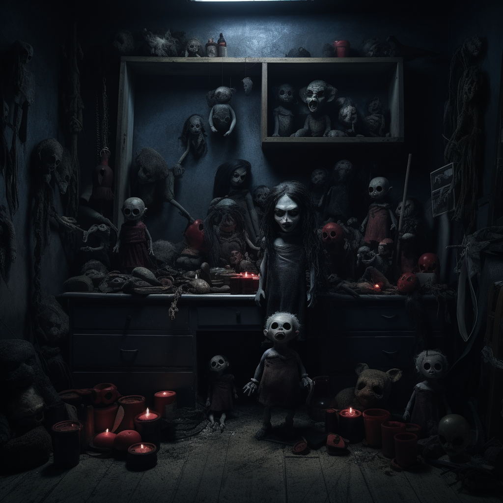 Evil-looking dolls on shelf in dark child's room