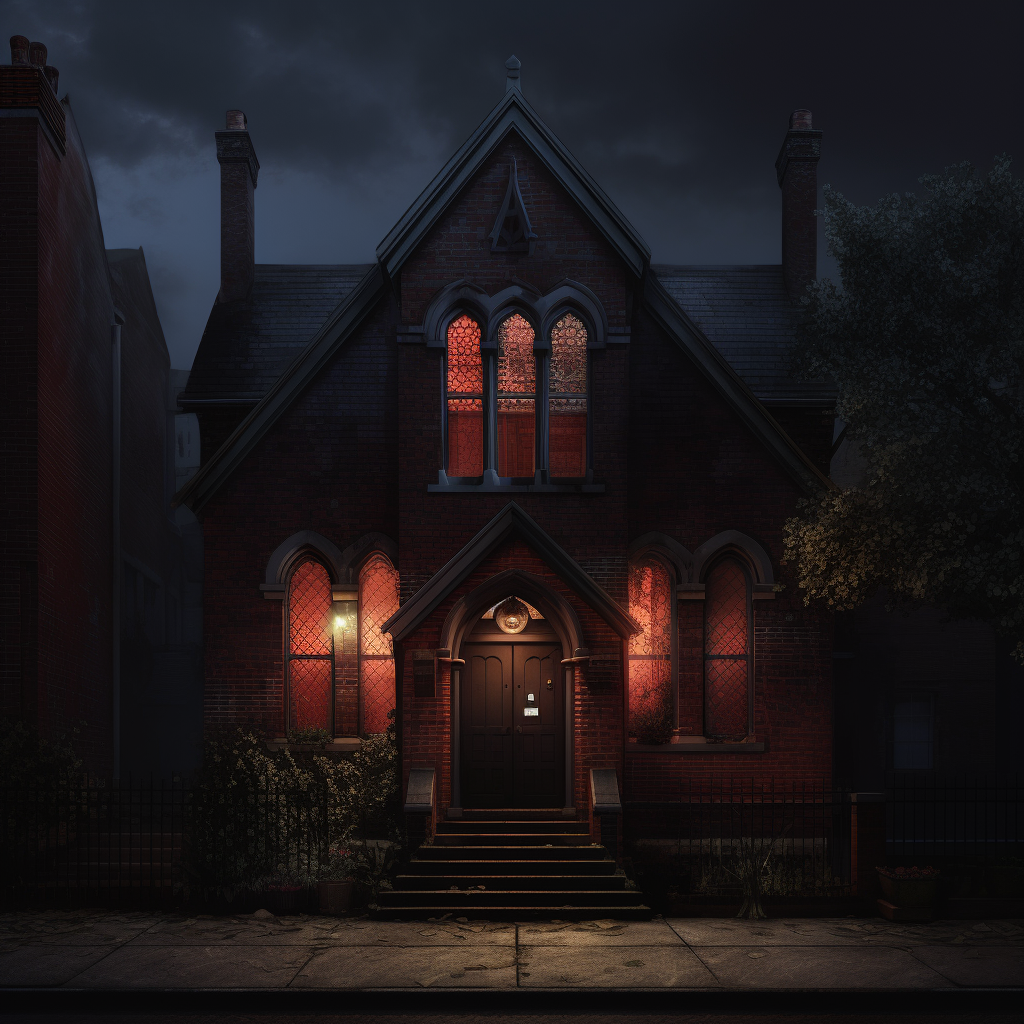 Creepy gothic house with red door