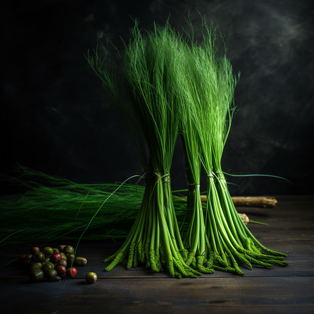 Fresh Equisetum Horsetail on Dark Table