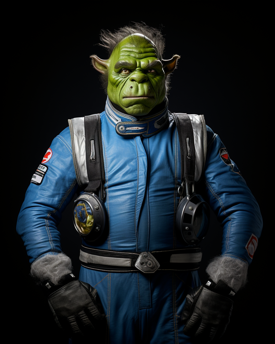 Dark green orc in race car driver uniform