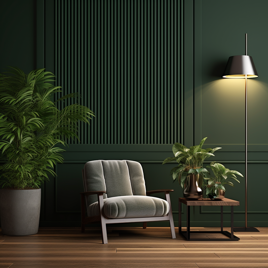 Dark green space with wooden slats and cozy lamp