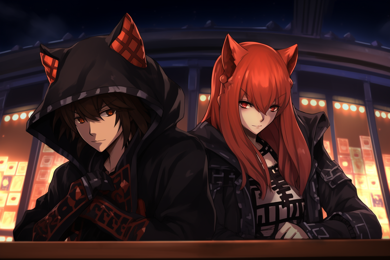 Dark-haired anime demon and red-haired fox girl in the casino