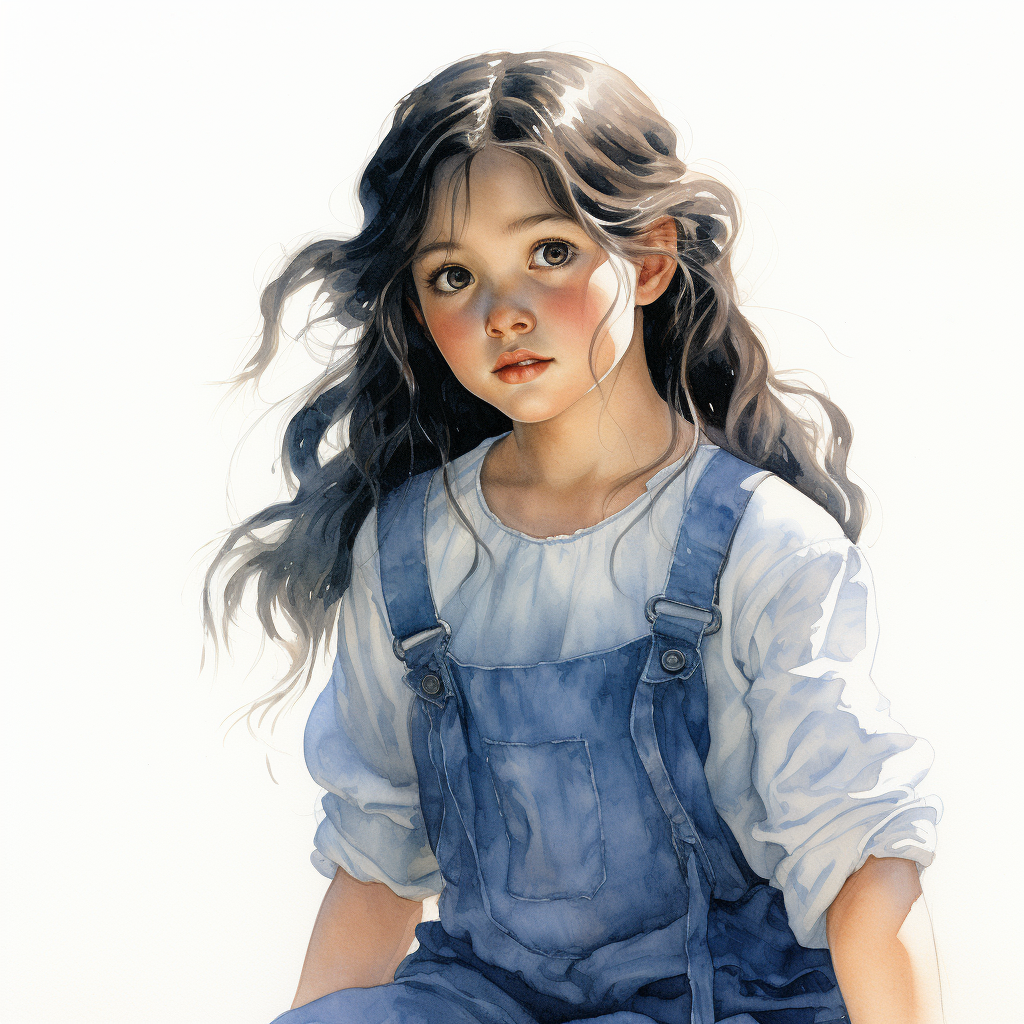 Young girl in blue overalls with dark hair