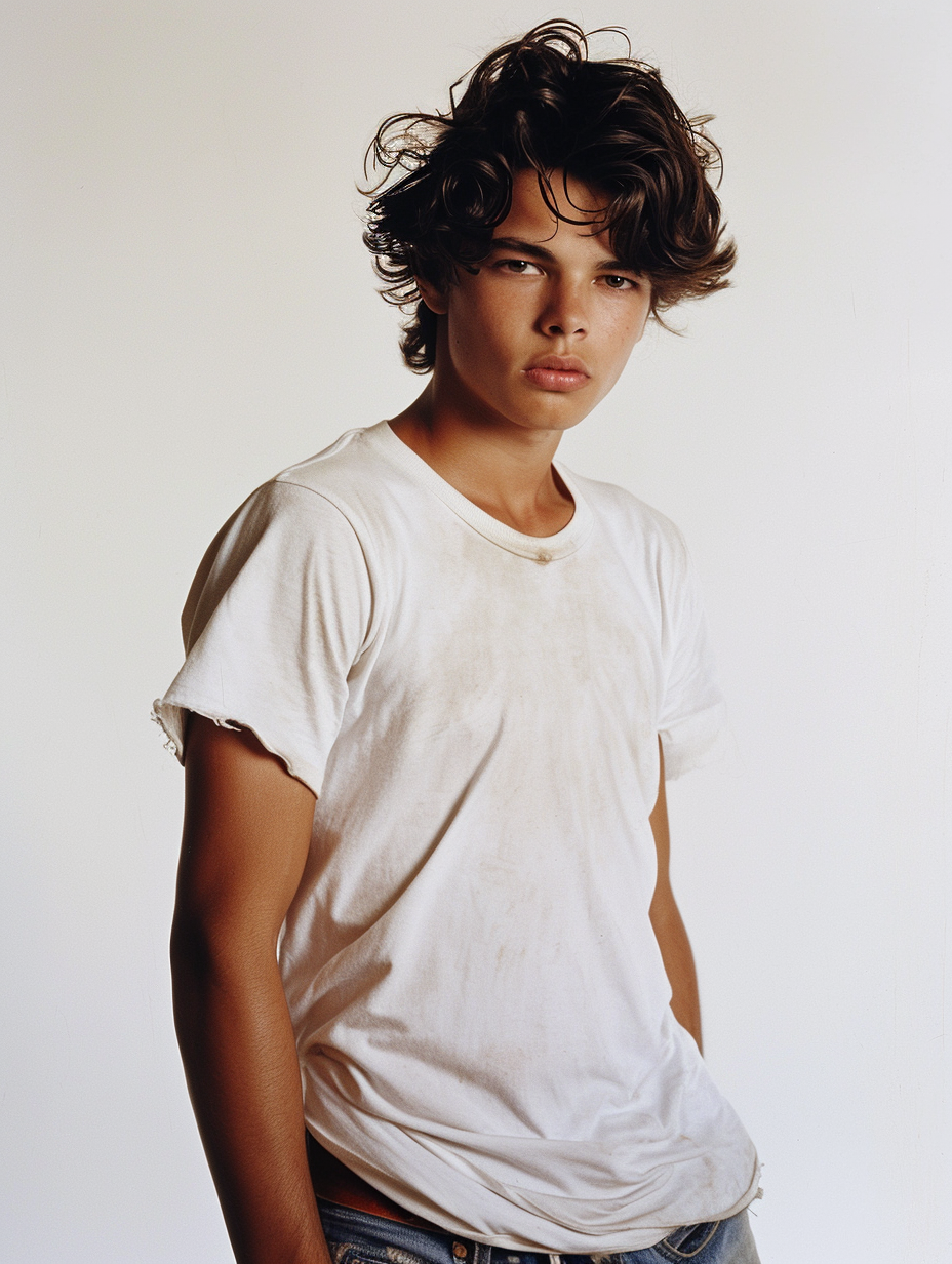 Dark-haired Tanned Man White T-Shirt Full-Length Portrait