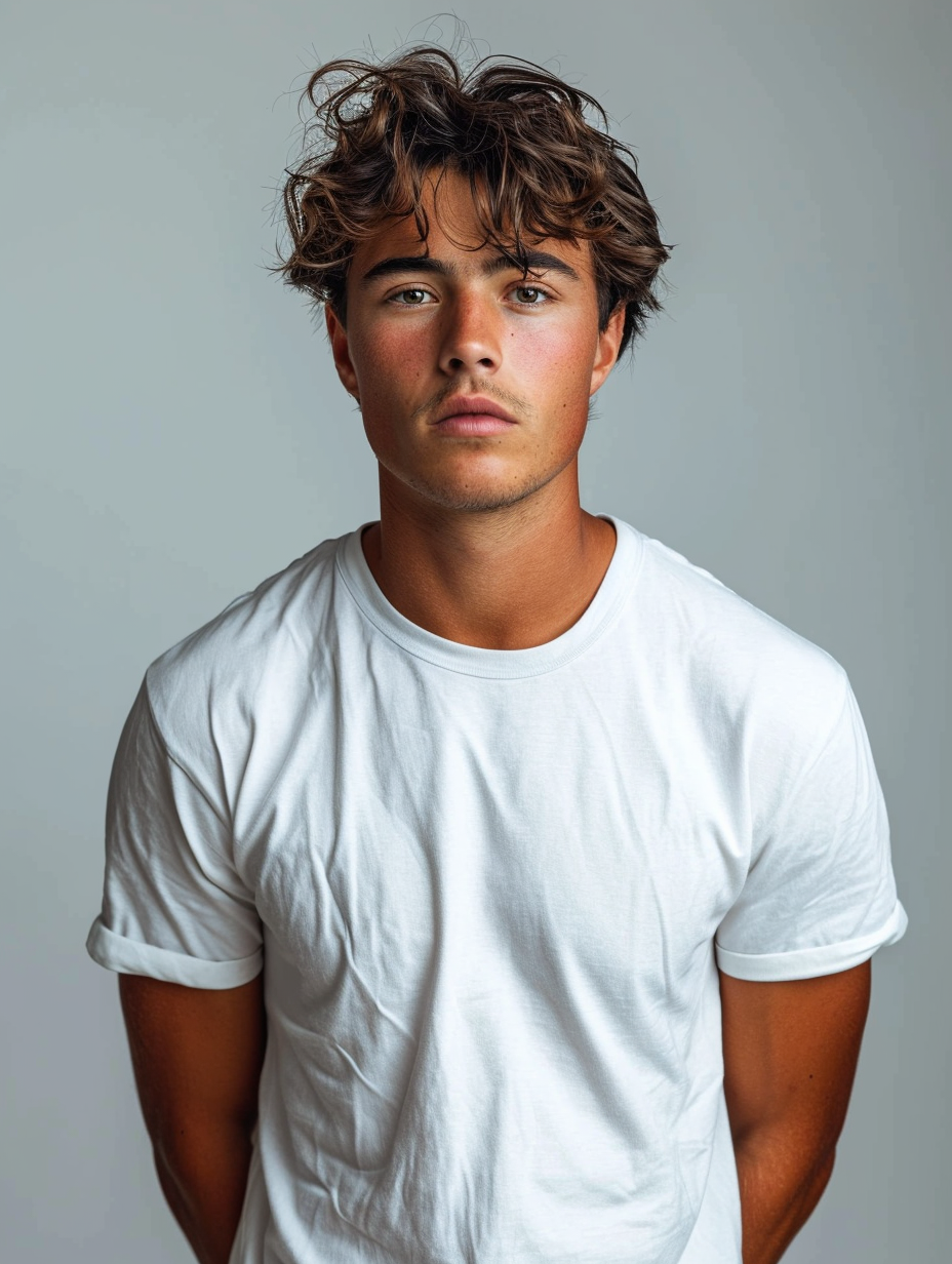 Dark-haired tanned man in white T-shirt