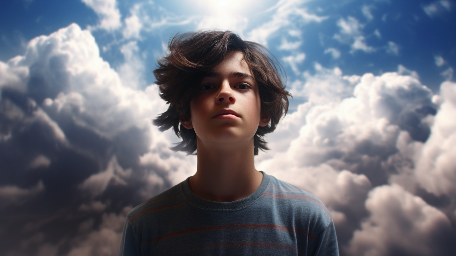 Dark-Haired Teenage Boy in Surreal Galaxy Scene