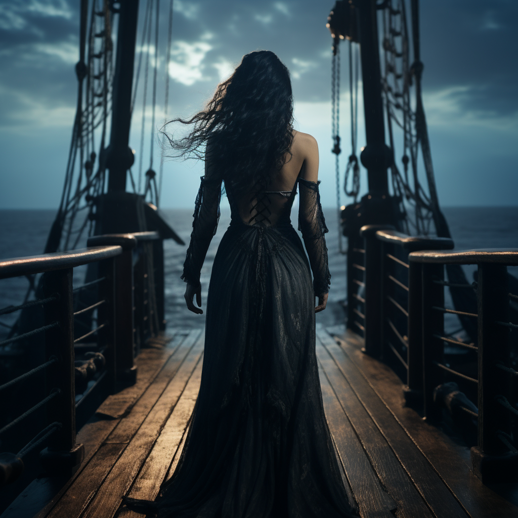 Beautiful woman on ship deck with eerie ocean background