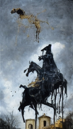 Dark hooded figure on skeleton horse rearing