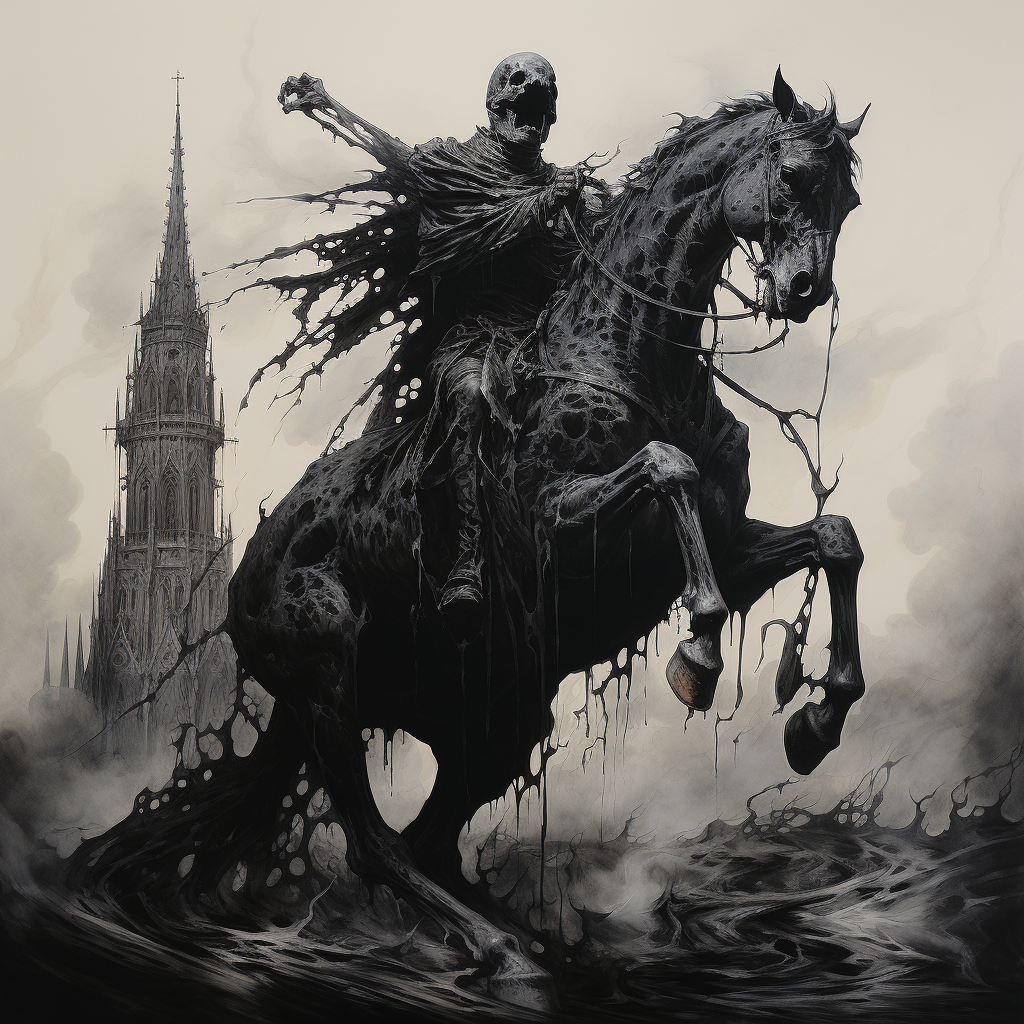 Sinister dark figure on skeletal horse