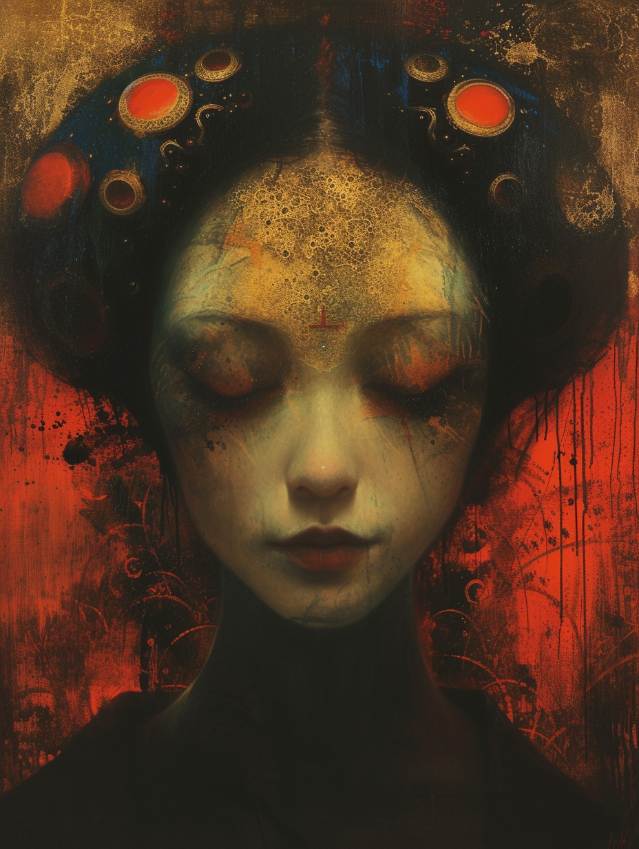 Beksinski style portrait of occult android geisha