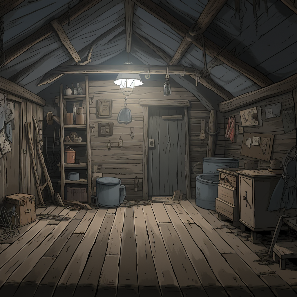 Comic book background of a dark interior tool shed