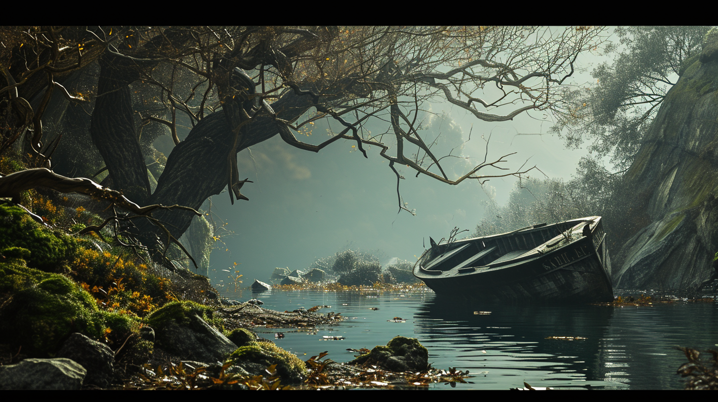 Image of a Dark Lake and Dense Forest in a Ruined World