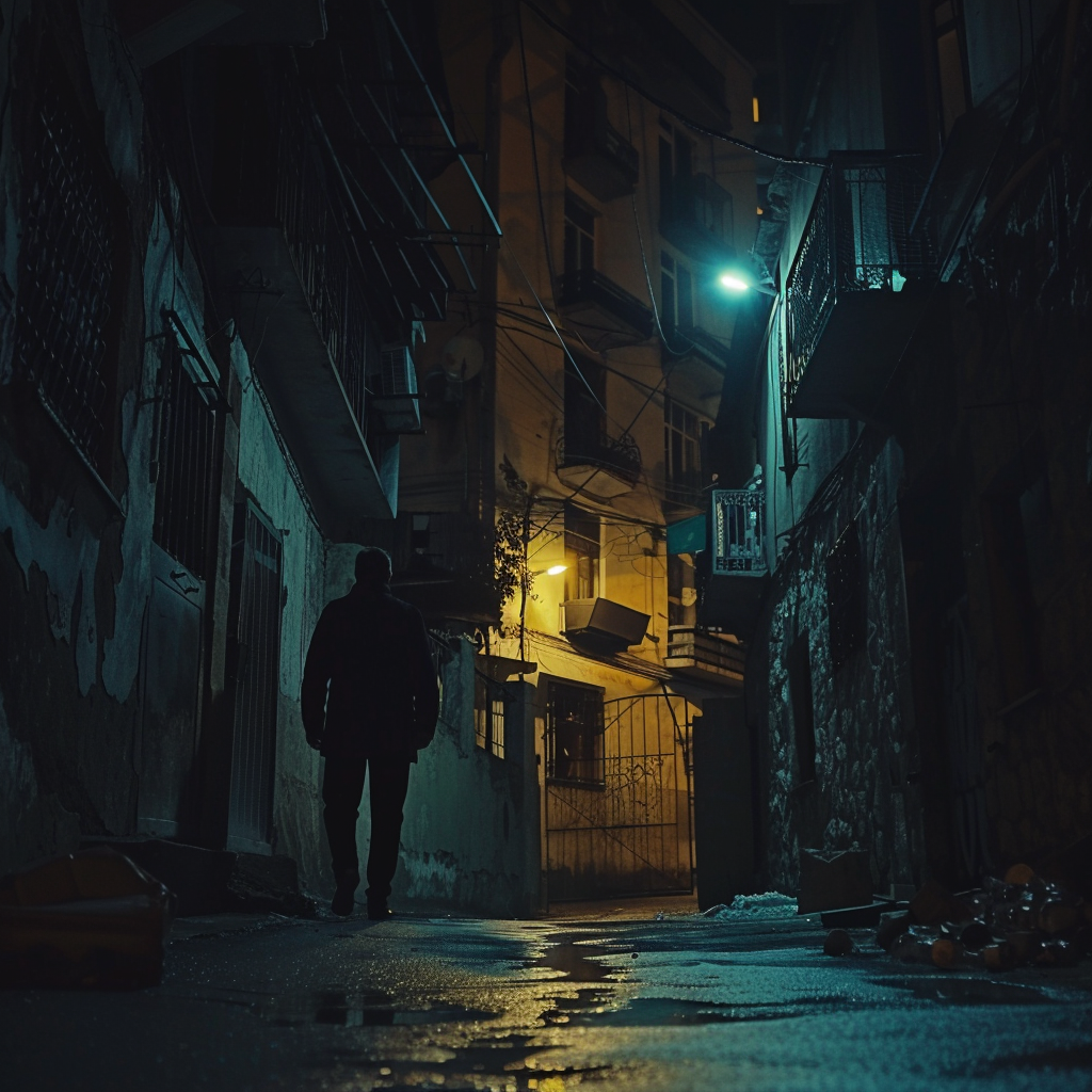 Dark man walking small street