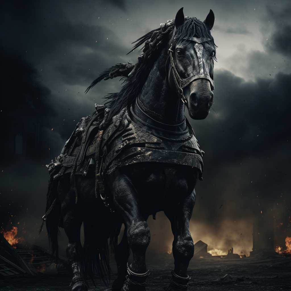 Dark medieval warhorse standing alone