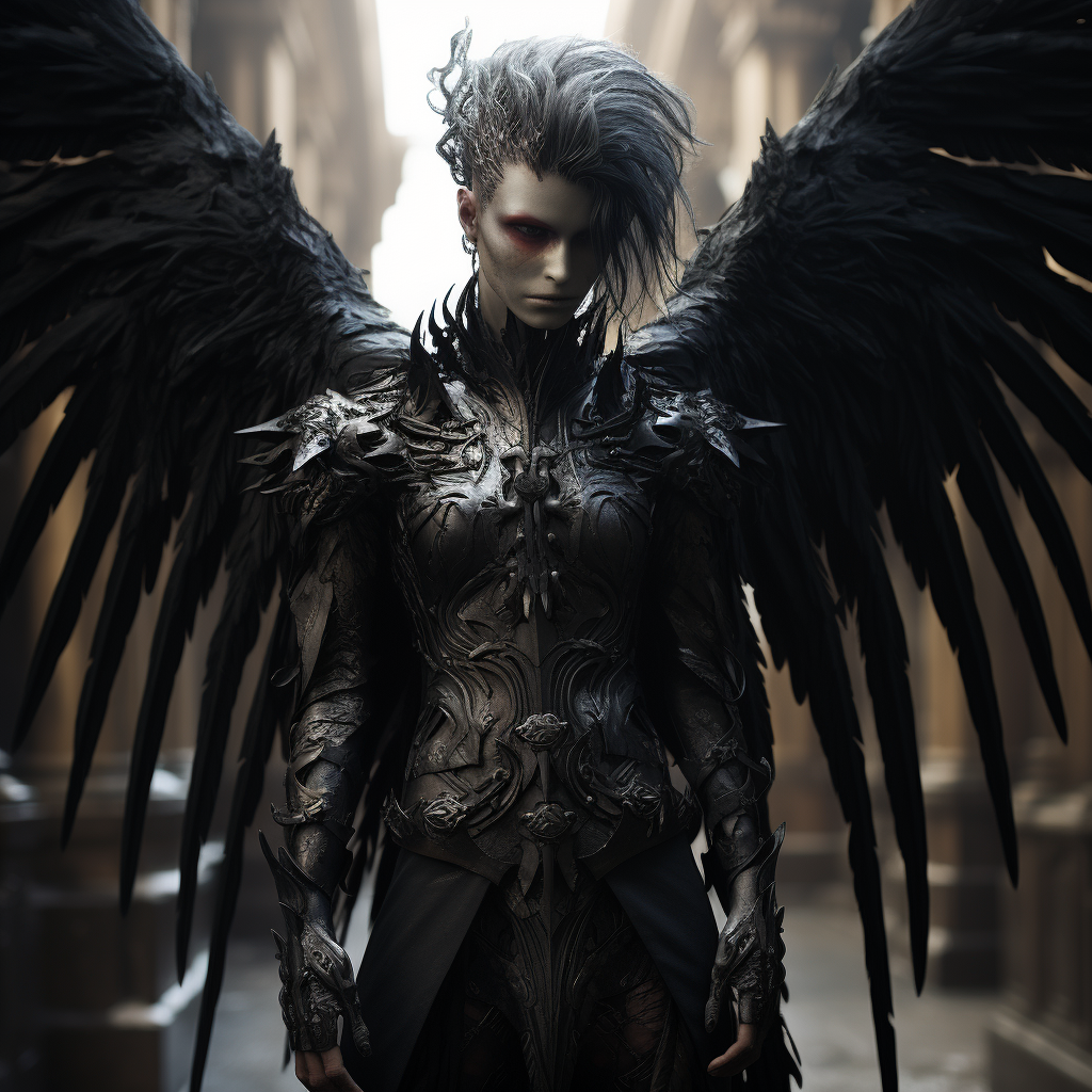 Androgynous harpy made of dark metal