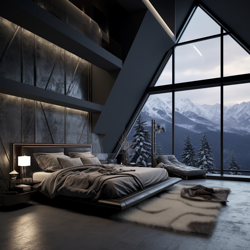 Dark modern mansion snowy mountain bedroom