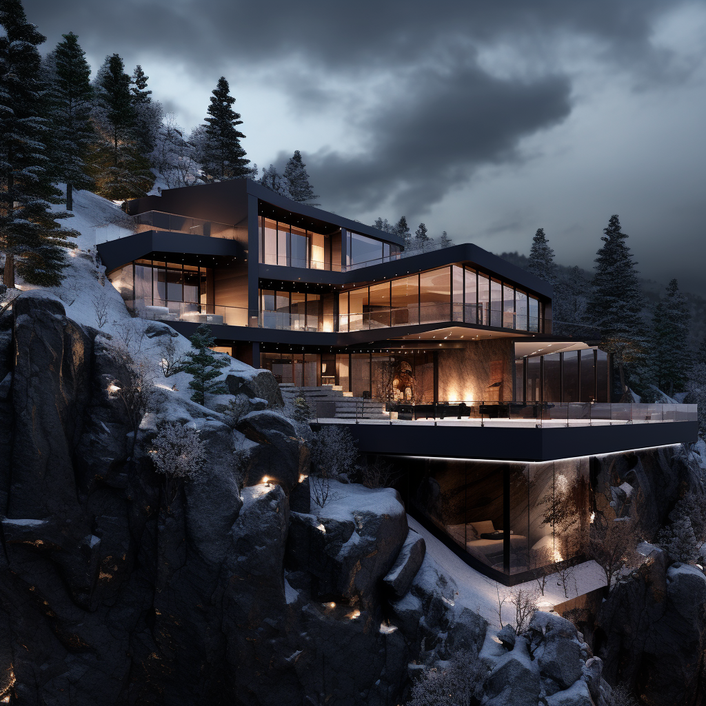 Dark modern mansion on snowy rock mountain