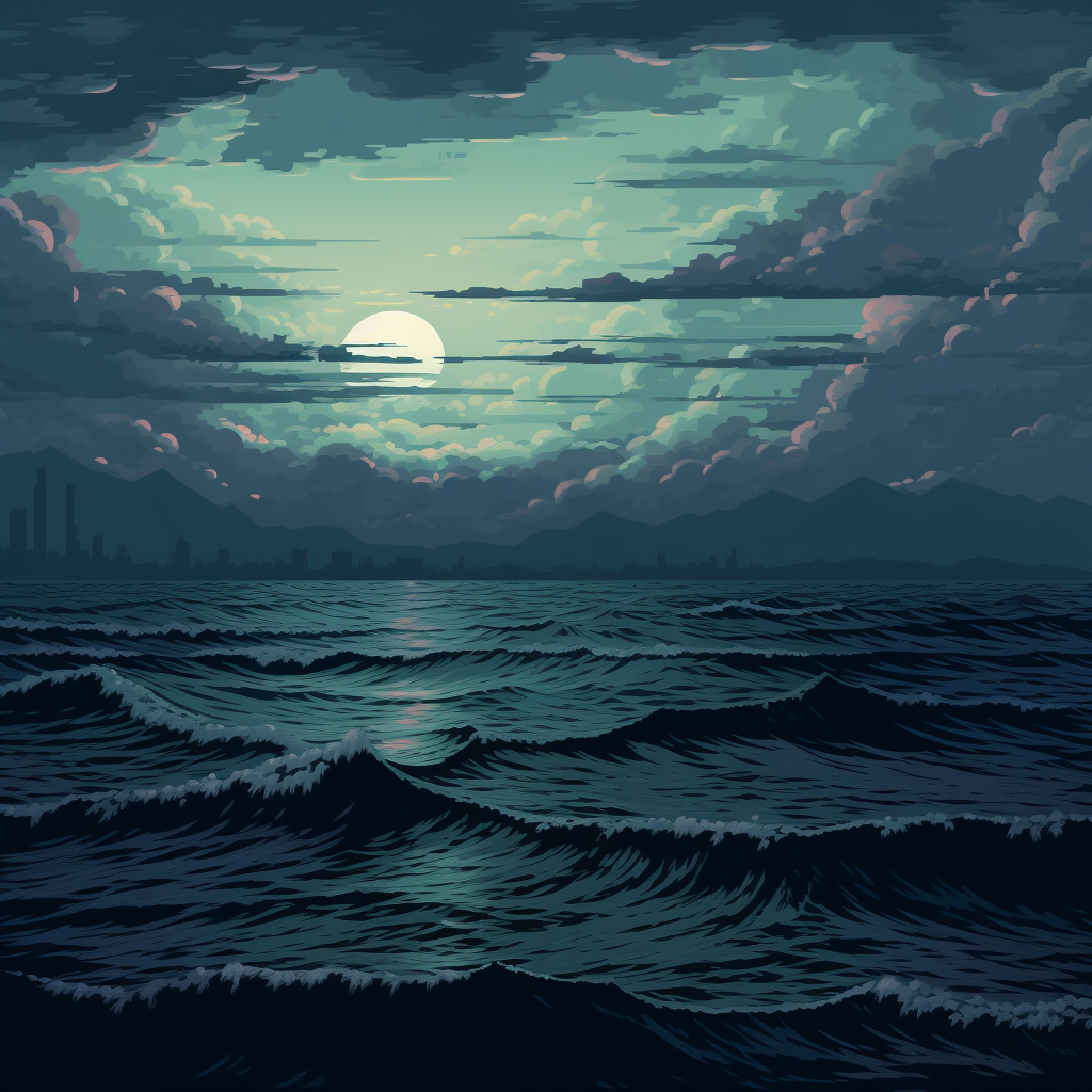 Stunning pixel art representation of a dark muted ocean