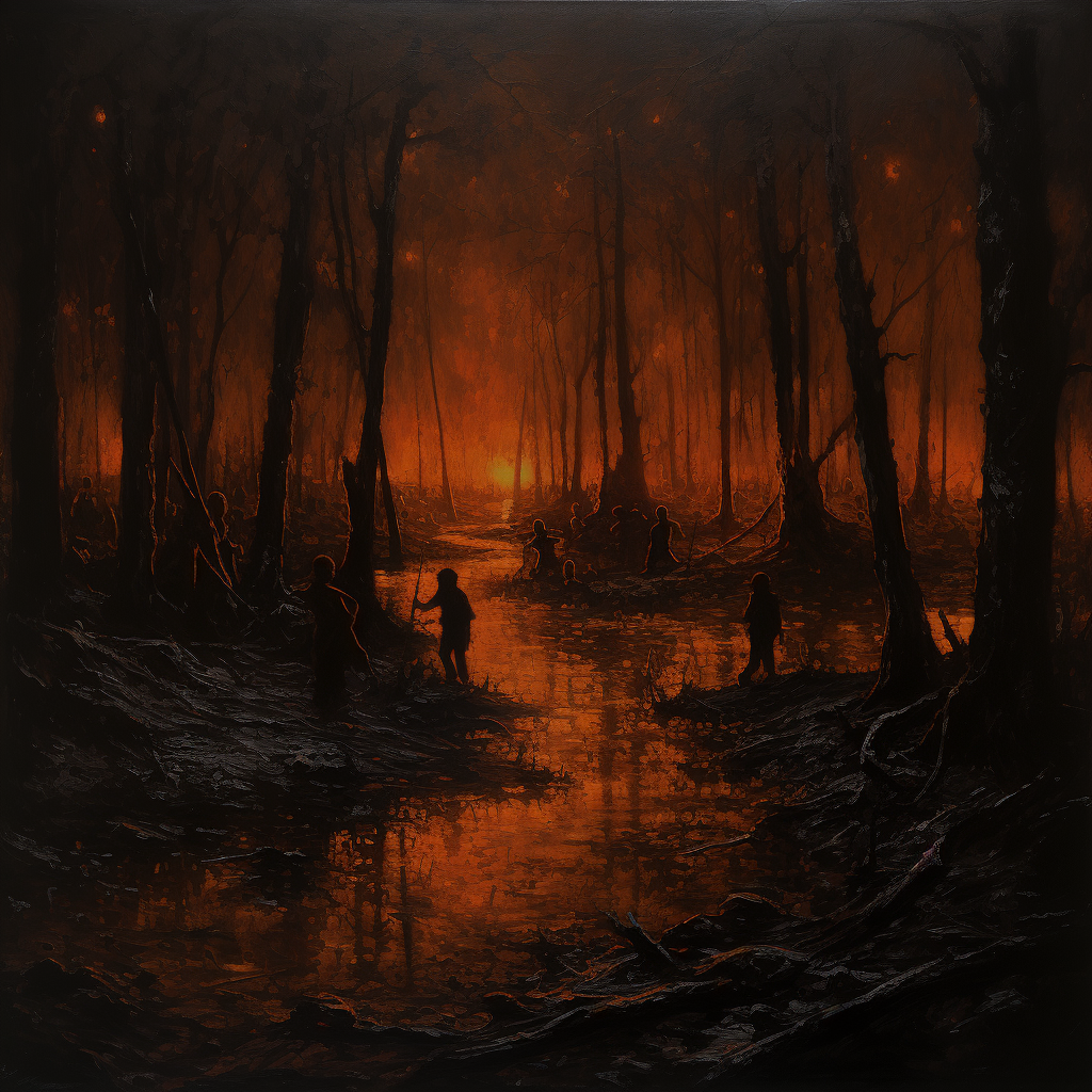 Dark oil painting of cult in forest