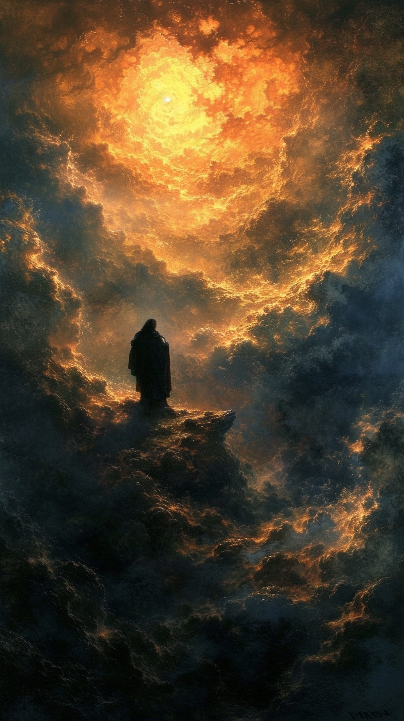 God emerging from dark oil painting clouds