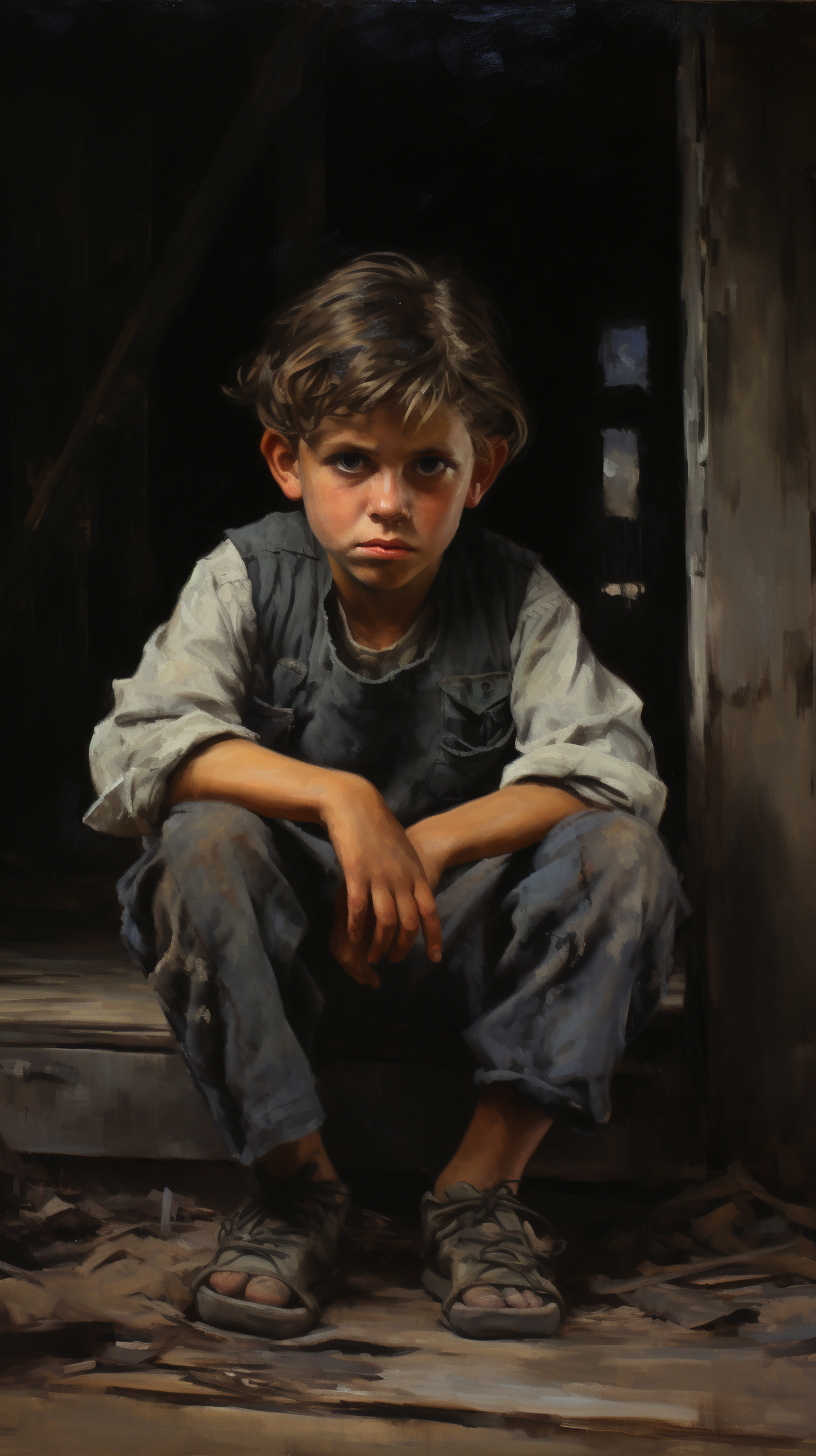 Sad young boy with tears in a dark oil painting