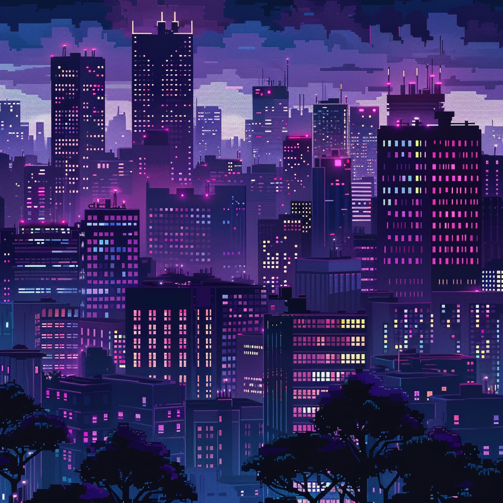 Pixel art of dark purple city