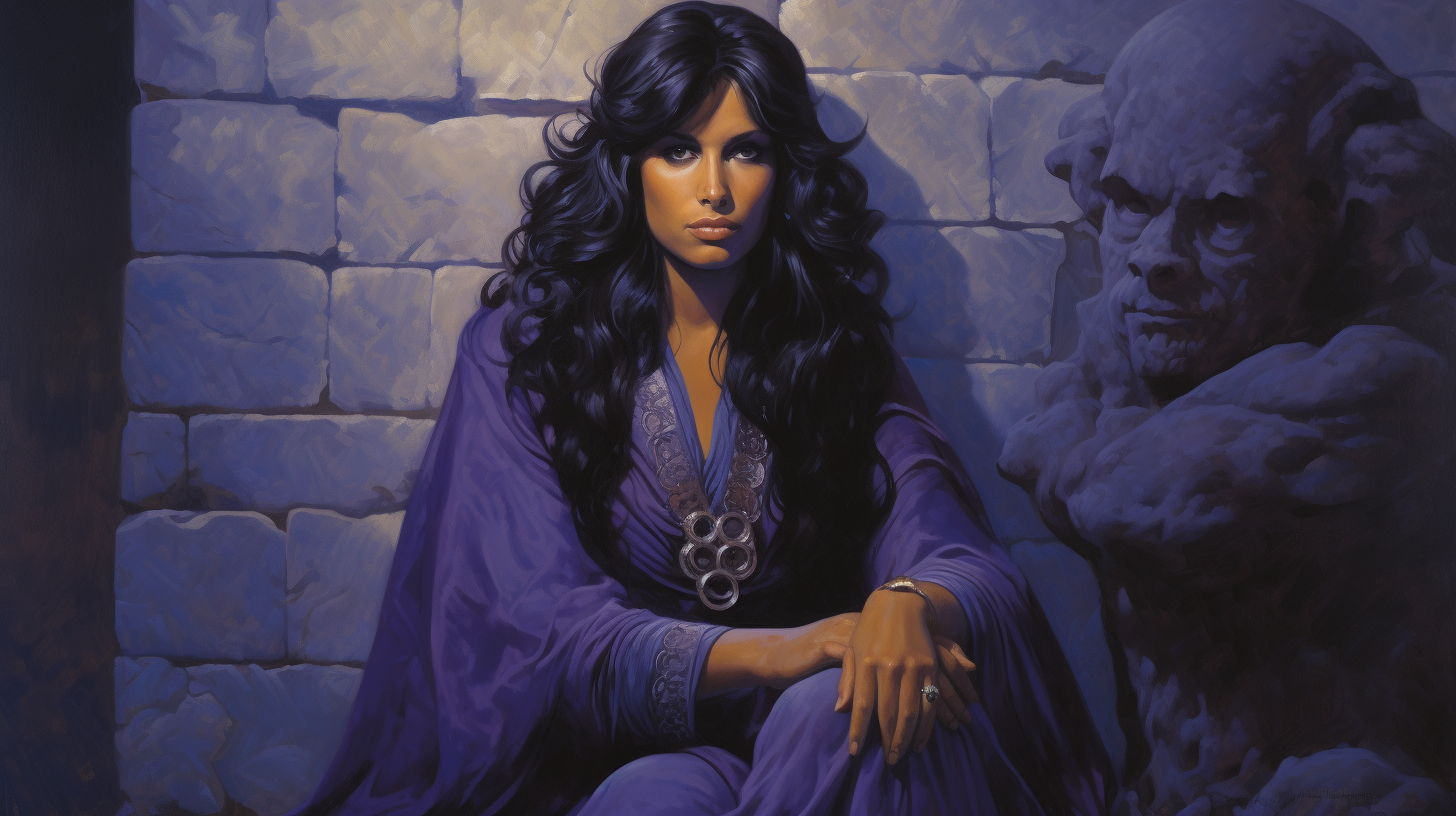 Sorceress with dark hair in front of stone wall