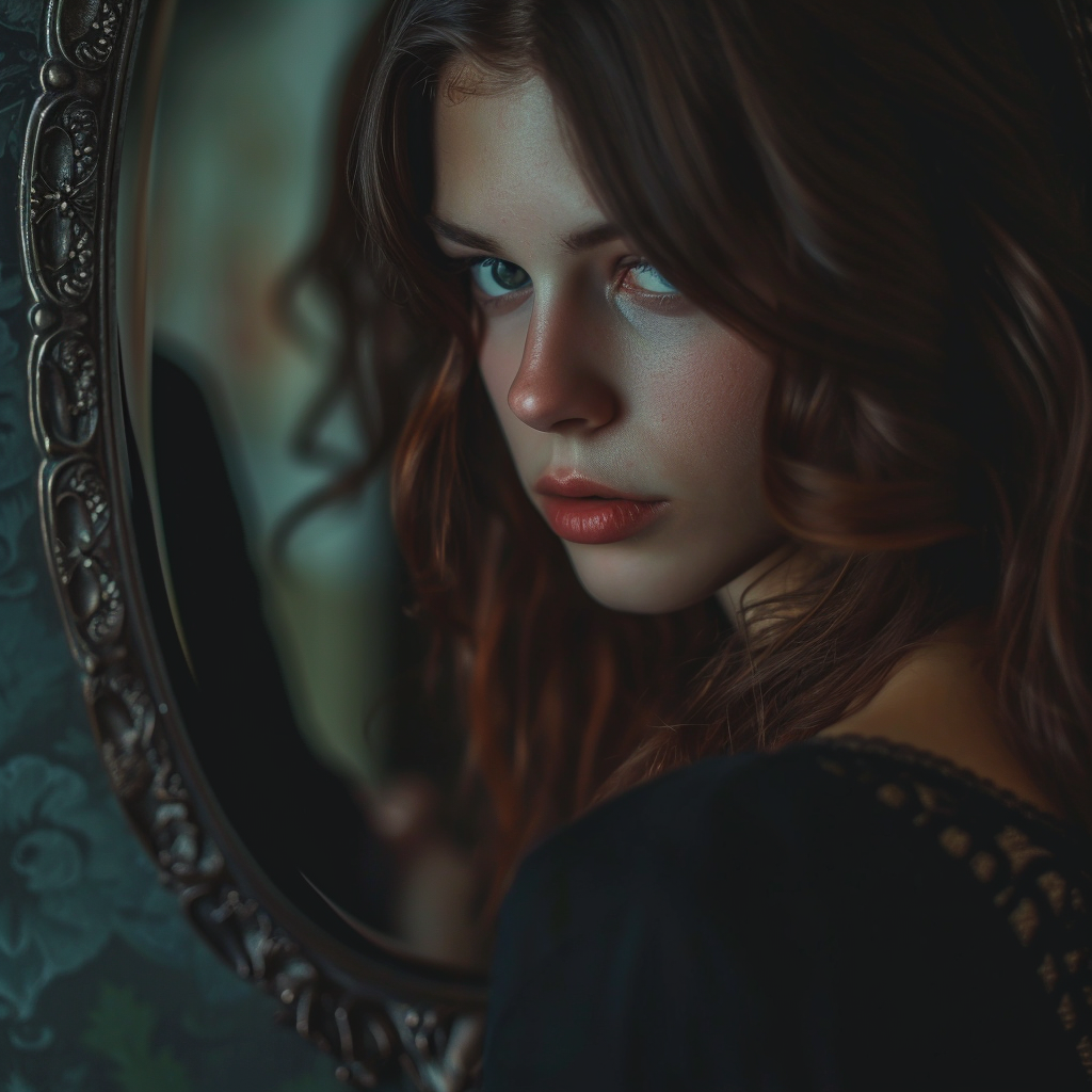 Young woman looking in mirror surreal