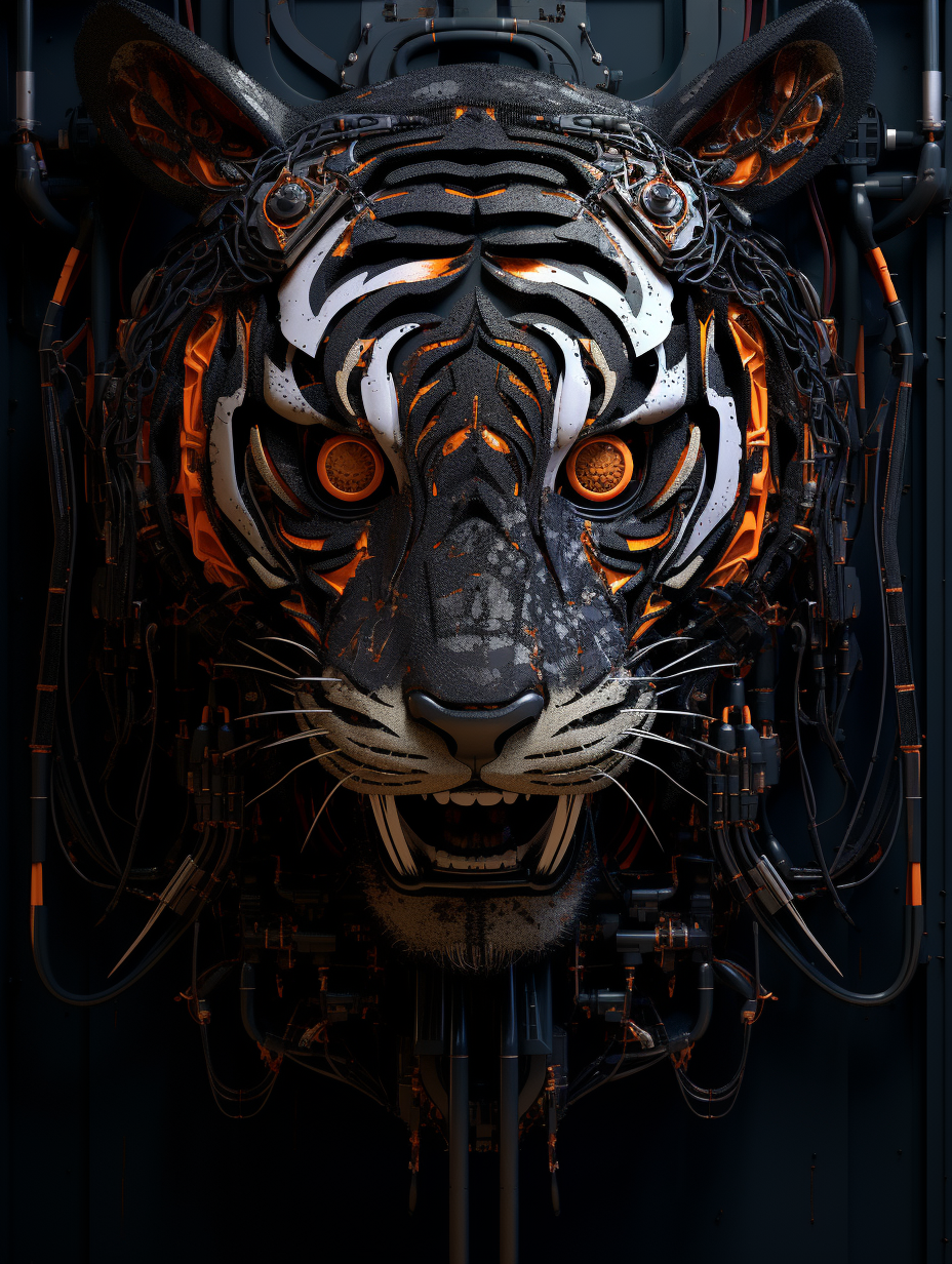 Tiger Robot Face in Dark Wall