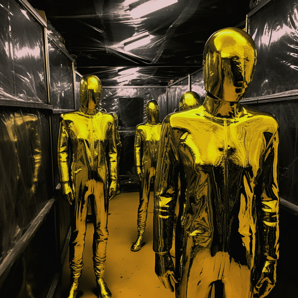 Abstract humanoid statues in dark chrome room