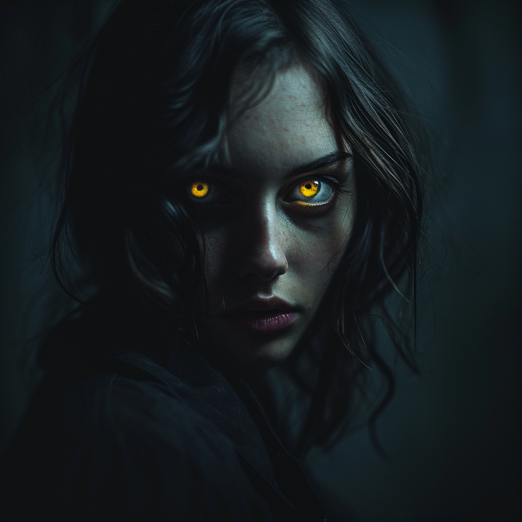 Woman with Yellow Eyes in Dark School