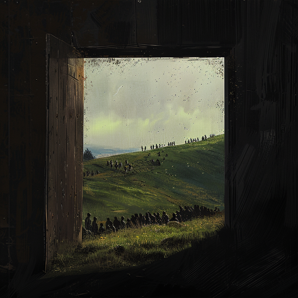 Dark shed overlooking crowded green hill