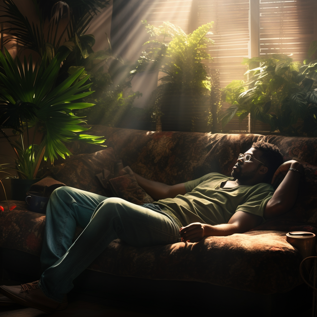 Depressive Dark-Skinned Man on Green Sofa