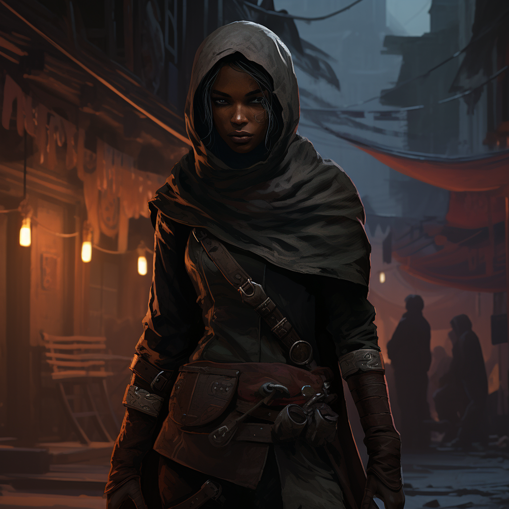 Dark-skinned rogue assassin in Sigil's streets