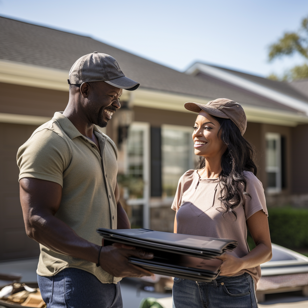 Roofing salesman handing new product