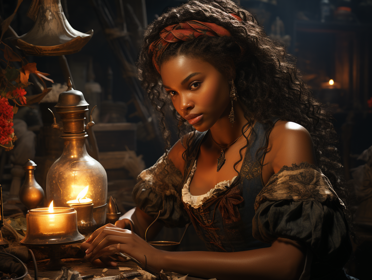 Realistic dark-skinned witch making potions at hearth