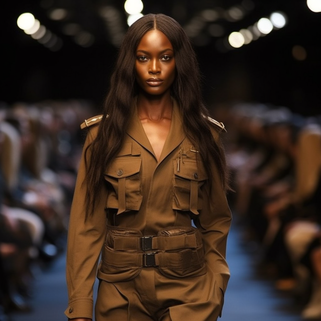 Dark-skinned woman in military uniform with long hair