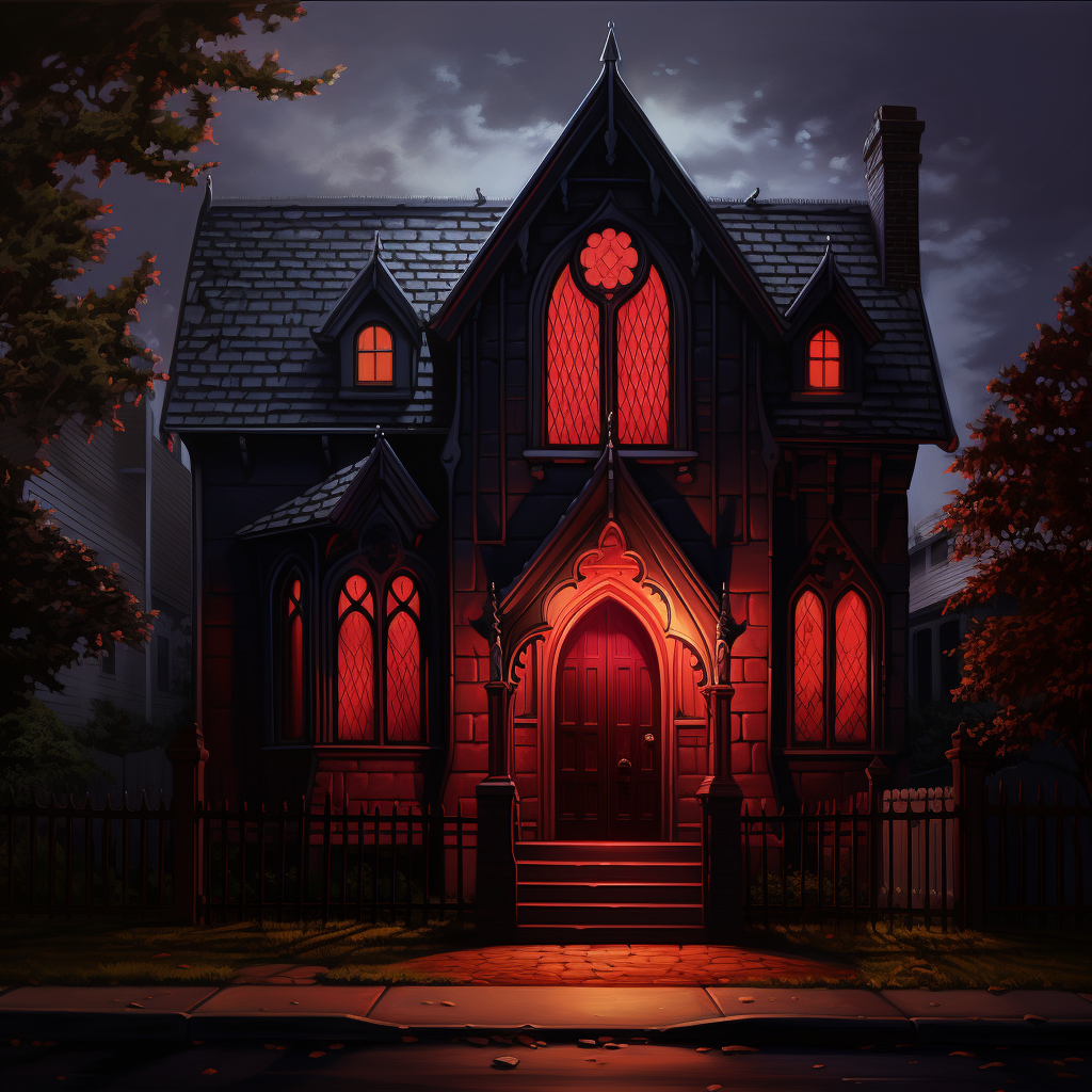 Dark small neo gothic house with open red door